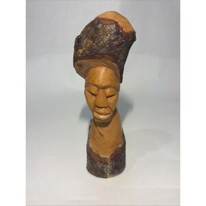 Hand Carved Wooden Bust Woman Rustic Folk Art Sculpture Natural Bark Boho Decor